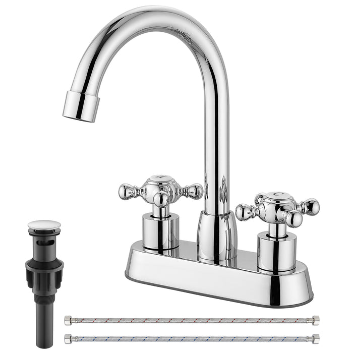 4 Inch centerset Bathroom Faucet Double Cross Handle Vanity Faucet 360° Swivel Spout Deck Mounted Mixer Tap with Pop up Drain Water Supply Hoses
