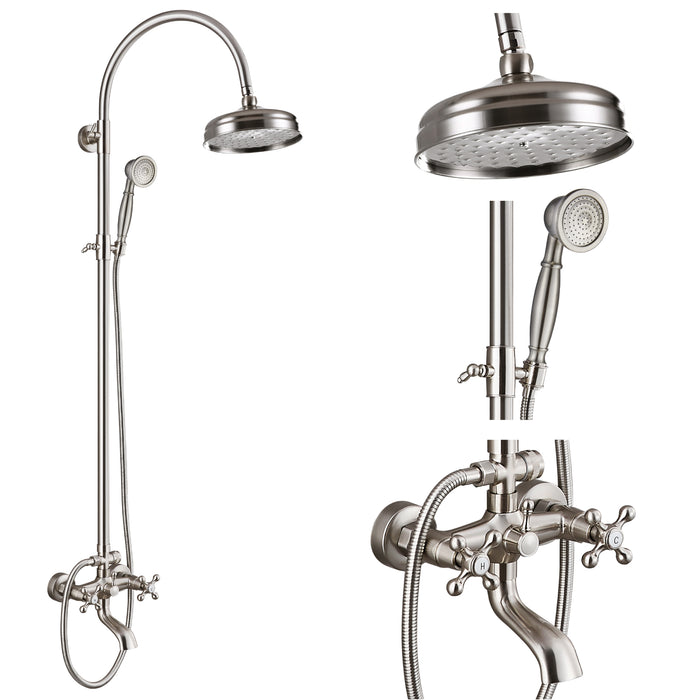 gotonovo Exposed Bathroom Shower System Classic Shower Kit 8 Inch Luxurious Rainfall Shower Head Handheld Spray Tub Filler Brass Pipe 3-Function Wall Mount Double Cross Knobs