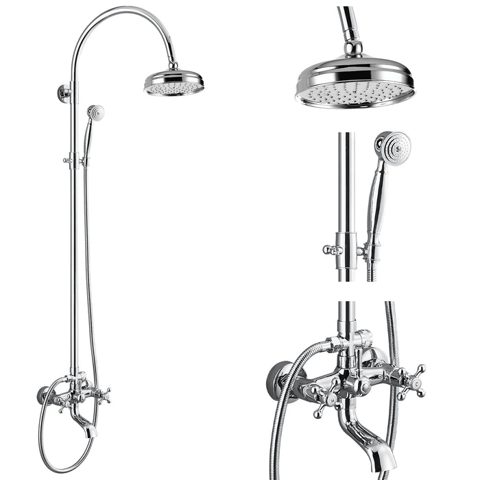 gotonovo Exposed Bathroom Shower System Classic Shower Kit 8 Inch Luxurious Rainfall Shower Head Handheld Spray Tub Filler Brass Pipe 3-Function Wall Mount Double Cross Knobs