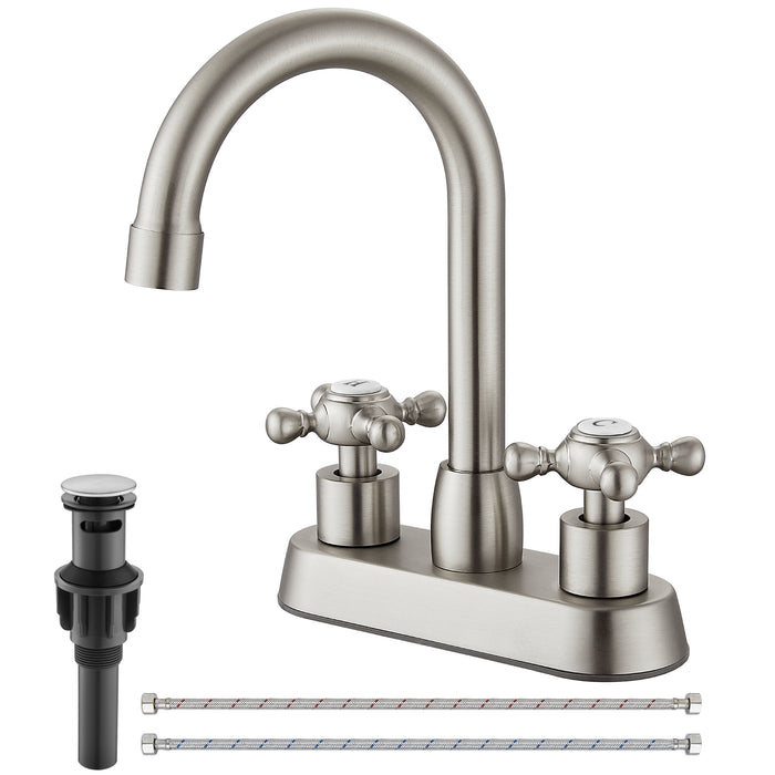 4 Inch centerset Bathroom Faucet Double Cross Handle Vanity Faucet 360° Swivel Spout Deck Mounted Mixer Tap with Pop up Drain Water Supply Hoses