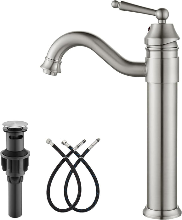 Brass Single Handle Bathroom Sink Faucet Brass Long Reach Bathroom Faucet Mixer Tap with Pop Up Drain Included Hot and Cold Water Hose