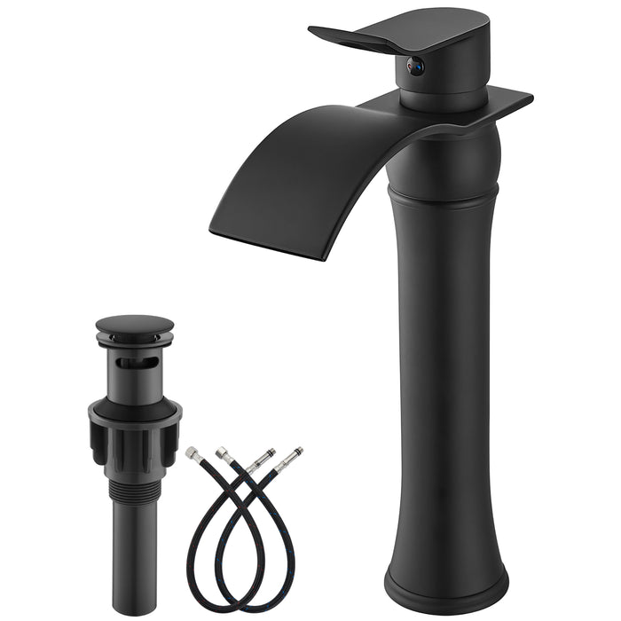 gotonovo Waterfall Vessel Sink Faucet for Sink 1 Hole,Single Handle Tall Bathroom Sink Faucet,Brass Waterfall Bathroom Faucet Arc Body Mixer Tap with Pop Up Drain and Supply Line