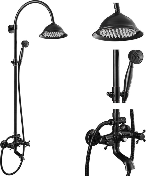 gotonovo Bathroom Classic Exposed Shower Faucet Wall Mount Shower System 8 Inch Luxurious Rainfall Shower Head Set with Tub Spout and Handheld Spray Double Cross Handles