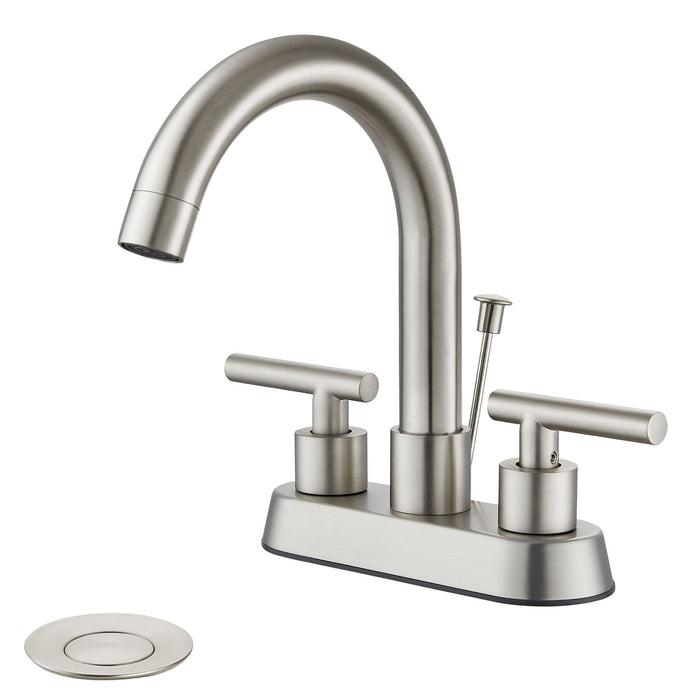 4 Inch Centerset Bathroom Faucets with Lift Rod Drain Stopper Bathroom Sink Faucet 3 Holes Dual Handle Vanity Faucet 360° Swivel Spout Lavatory RV Faucet Mixer Tap