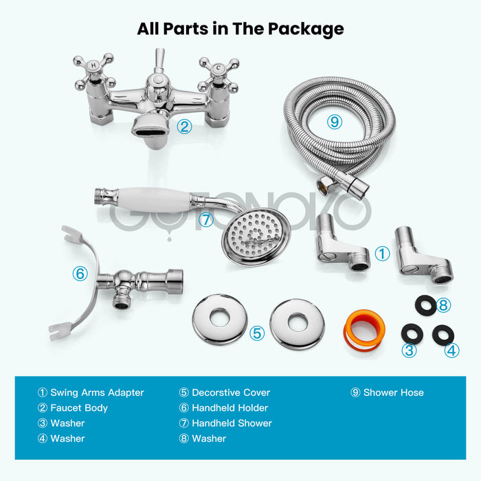 gotonovo Clawfoot Bathtub Faucet Tub Filler with Hand Held Shower Faucet Set Victorian Double Cross Handle 6 Inch Center Adjustable Swing Arms Tub Mount Short Adapter