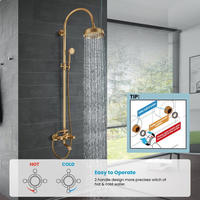 gotonovo Exposed Bathroom Shower System Classic Shower Kit 8 Inch Luxurious Rainfall Shower Head Handheld Spray Tub Filler Brass Pipe 3-Function Wall Mount Double Cross Knobs
