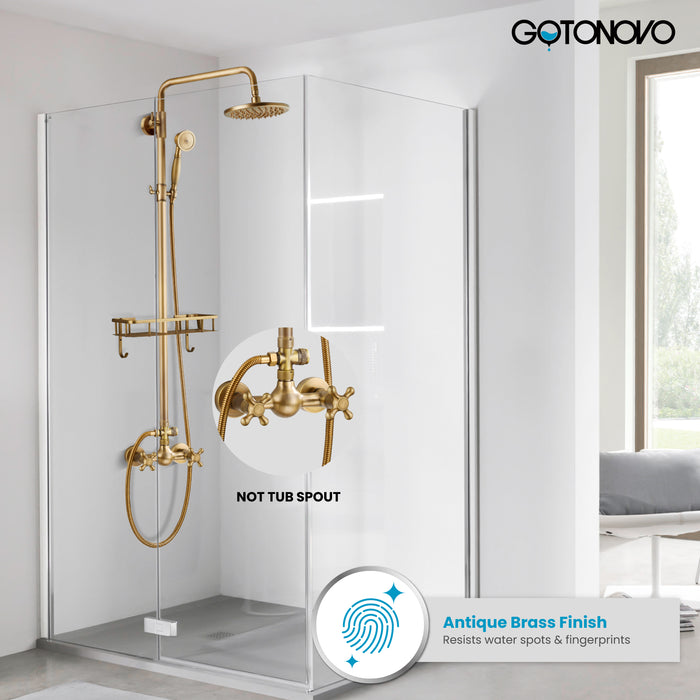 gotonovo Exposed Bathroom Shower Faucet Wall Mounted Shower System Dual Functions 8 inch Wall Mounted with Shower Shelf Double Cross Handles Adjustable Handheld Sprayer