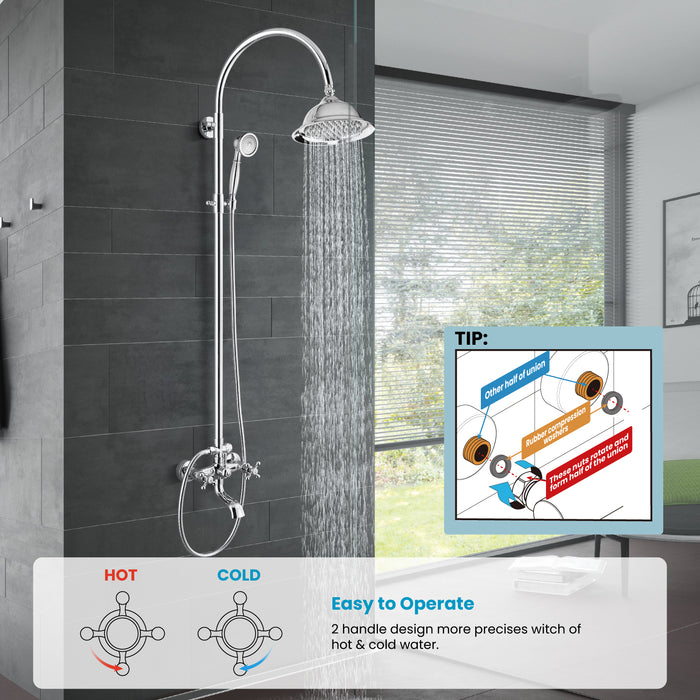 gotonovo Bathroom Classic Exposed Shower Faucet Wall Mount Shower System 8 Inch Luxurious Rainfall Shower Head Set with Tub Spout and Handheld Spray Double Cross Handles
