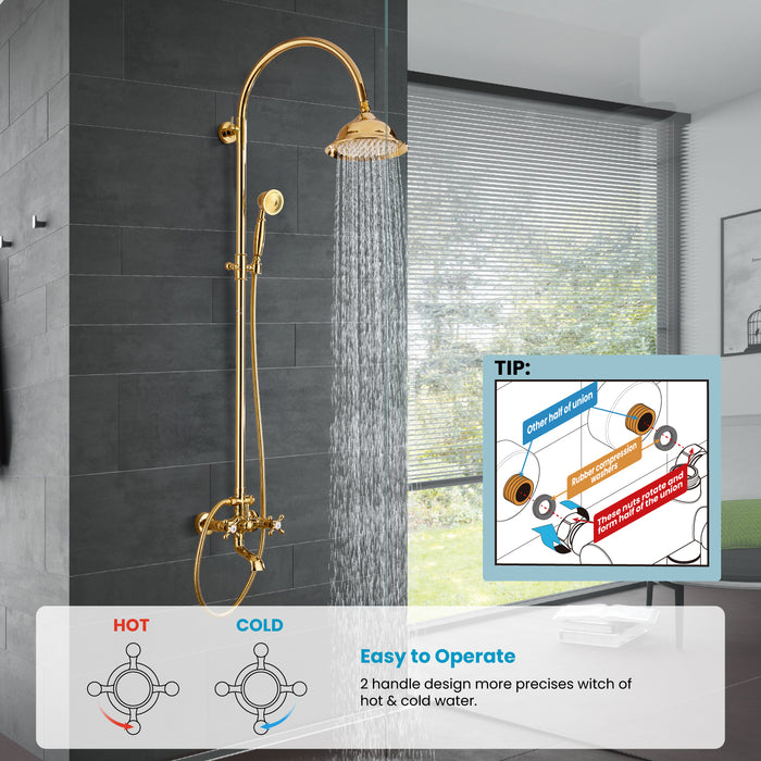 gotonovo Bathroom Classic Exposed Shower Faucet Wall Mount Shower System 8 Inch Luxurious Rainfall Shower Head Set with Tub Spout and Handheld Spray Double Cross Handles