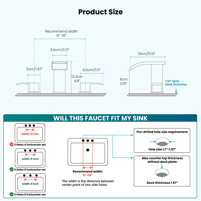 gotonovo Waterfall 8 inch Widespread Bathroom Faucet Set Bathroom Sink Faucet 3 Hole 2 Handle Vanity Lavatory Deck Mount with Pop Up Drain and Water Supply Lines