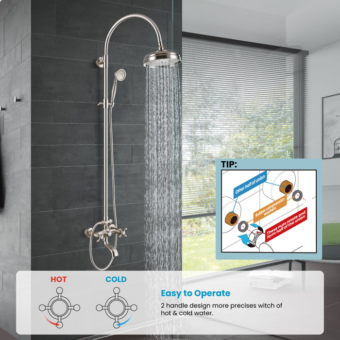 gotonovo Exposed Bathroom Shower System Classic Shower Kit 8 Inch Luxurious Rainfall Shower Head Handheld Spray Tub Filler Brass Pipe 3-Function Wall Mount Double Cross Knobs