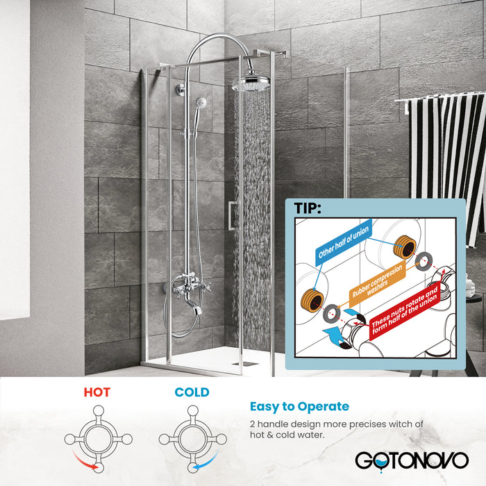 gotonovo Exposed Bathroom Shower System Classic Shower Kit 8 Inch Luxurious Rainfall Shower Head Handheld Spray Tub Filler Brass Pipe 3-Function Wall Mount Double Cross Knobs