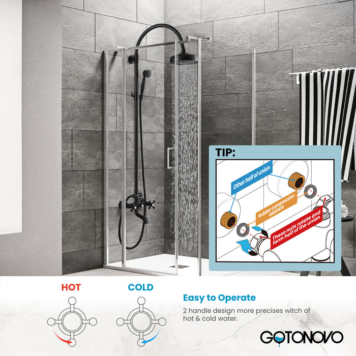 gotonovo Exposed Bathroom Shower System Classic Shower Kit 8 Inch Luxurious Rainfall Shower Head Handheld Spray Tub Filler Brass Pipe 3-Function Wall Mount Double Cross Knobs
