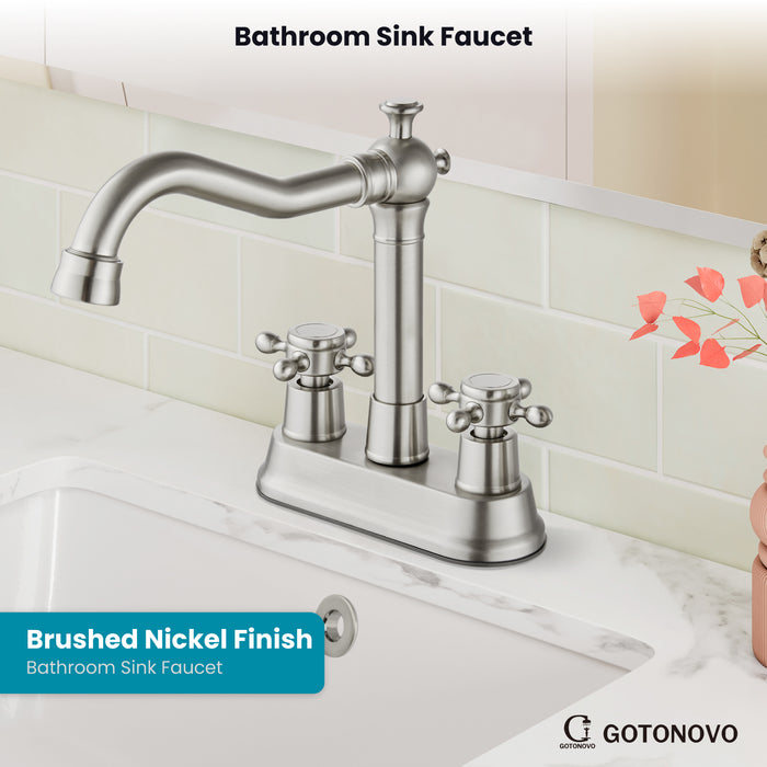 gotonovo 4 Inch Centerset Bathroom Sink Faucet 2 Hole Brass 2 Double Cross Handles Vanity Deck Mounted Mixer Tap Basin Lavatory Faucet Include Water Hose with Pop Up Drain