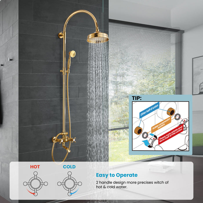 gotonovo Exposed Bathroom Shower System Classic Shower Kit 8 Inch Luxurious Rainfall Shower Head Handheld Spray Tub Filler Brass Pipe 3-Function Wall Mount Double Cross Knobs