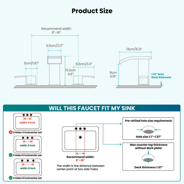 gotonovo Waterfall 8 inch Widespread Bathroom Faucet Set Bathroom Sink Faucet 3 Hole 2 Handle Vanity Lavatory Deck Mount with Pop Up Drain and Water Supply Lines