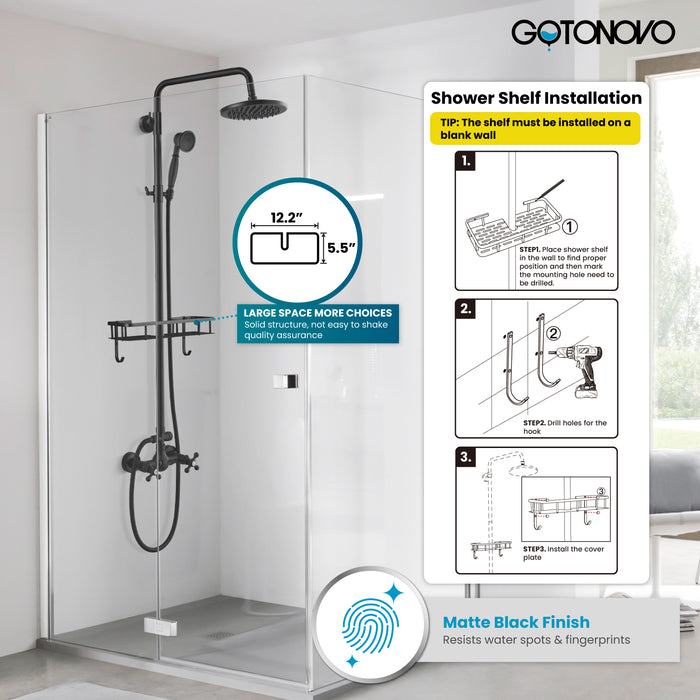 gotonovo Exposed Bathroom Shower Faucet Wall Mounted Shower System Dual Functions 8 inch Wall Mounted with Shower Shelf Double Cross Handles Adjustable Handheld Sprayer