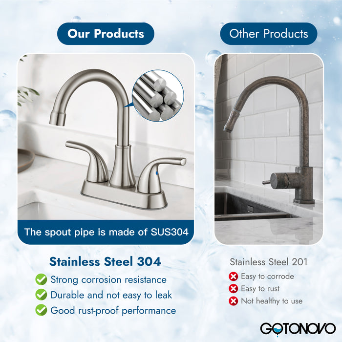 4 Inch Bathroom Sink Faucet 2 Handle Bathroom Faucet 360° Swivel Spout Deck Mounted Vanity Faucet with Water Supply Hoses with Pop up Drain