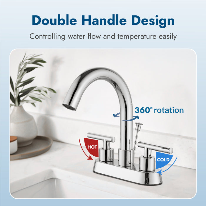 4 Inch Centerset Bathroom Faucets with Lift Rod Drain Stopper Bathroom Sink Faucet 3 Holes Dual Handle Vanity Faucet 360° Swivel Spout Lavatory RV Faucet Mixer Tap