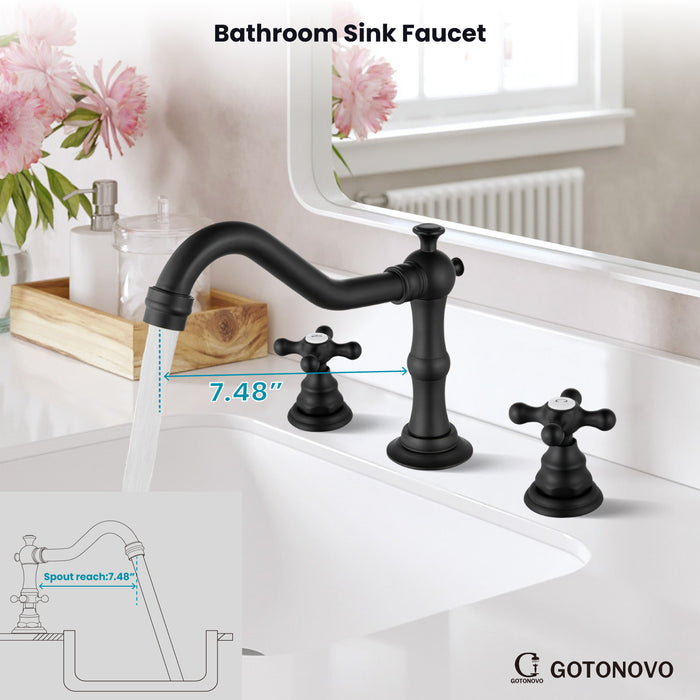 gotonovo Bathroom Sink Faucet Deck Mount Widespread Double Mixing Tap Cross Knobs 3 Hole with Pop Up Drain
