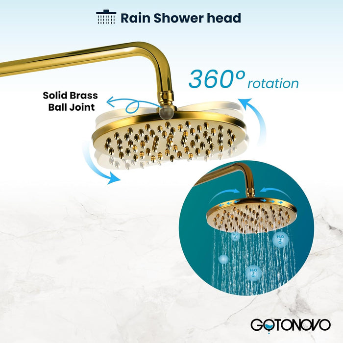 Gotonovo 8-inch Rainfall Round Shower Head Iron Nozzle High Pressure High Flow Adjustable Swivel Ball Metal Replacement For Bathroom Shower Heads