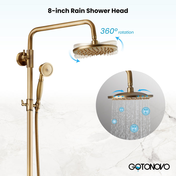 gotonovo Exposed Bathroom Shower Faucet Wall Mounted Shower System Dual Functions 8 inch Wall Mounted with Shower Shelf Double Cross Handles Adjustable Handheld Sprayer