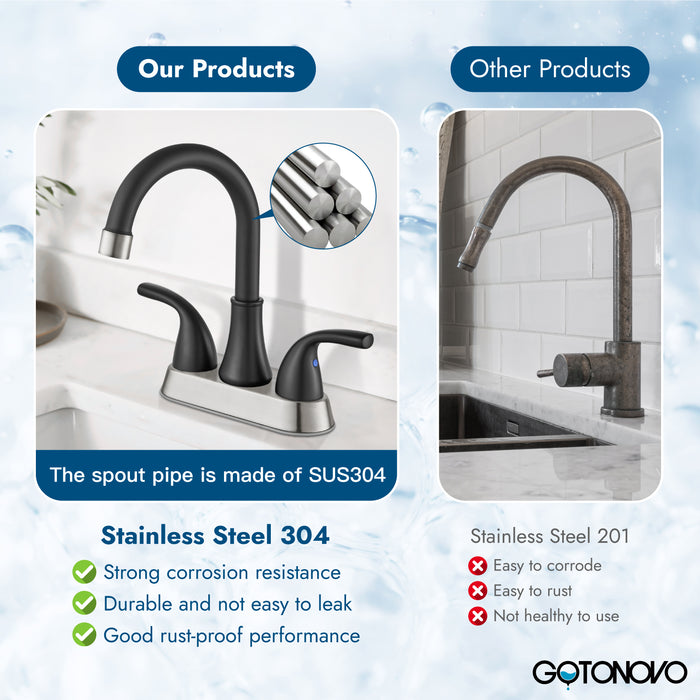 4 Inch Bathroom Sink Faucet 2 Handle Bathroom Faucet 360° Swivel Spout Deck Mounted Vanity Faucet with Water Supply Hoses with Pop up Drain