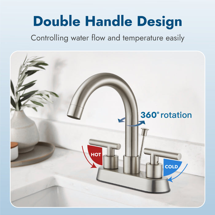 4 Inch Centerset Bathroom Faucets with Lift Rod Drain Stopper Bathroom Sink Faucet 3 Holes Dual Handle Vanity Faucet 360° Swivel Spout Lavatory RV Faucet Mixer Tap