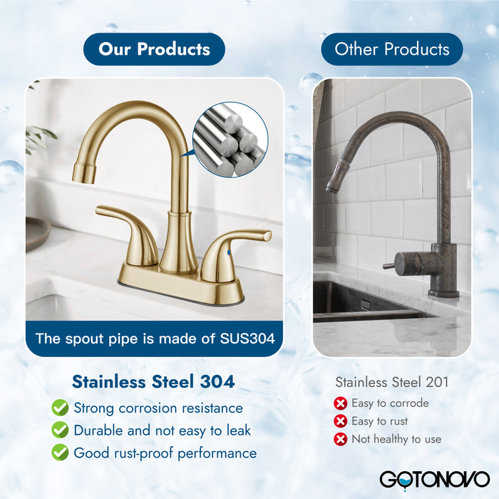 4 Inch Bathroom Sink Faucet 2 Handle Bathroom Faucet 360° Swivel Spout Deck Mounted Vanity Faucet with Water Supply Hoses with Pop up Drain