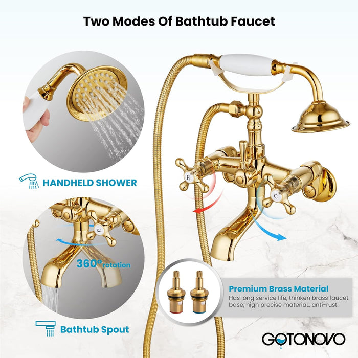 gotonovo Clawfoot Bathtub Faucet Tub Filler with Hand Held Shower Faucet Set Victorian Double Cross Handle 6 Inch Center Adjustable Swing Arms Tub Mount Short Adapter