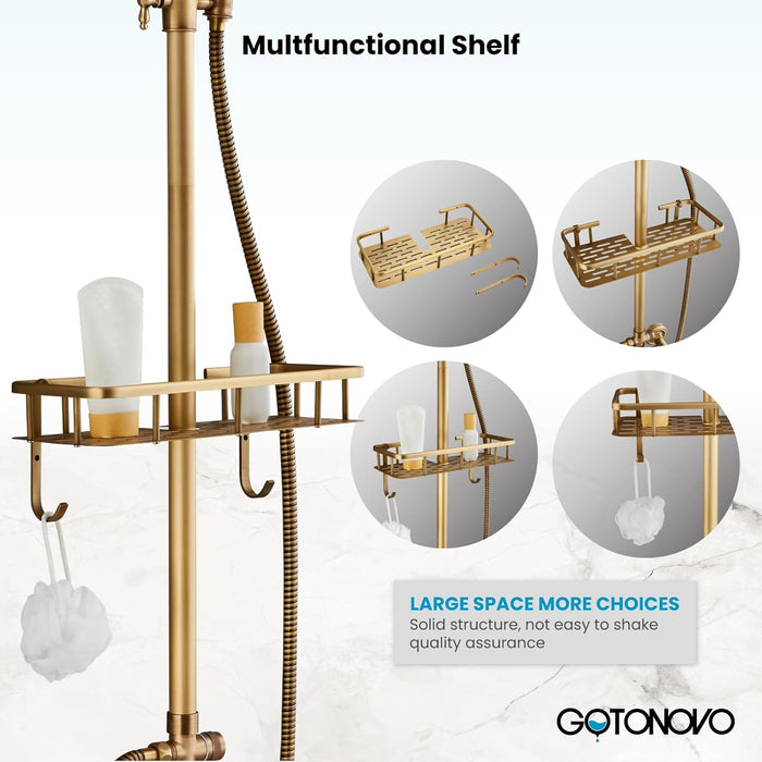 gotonovo Exposed Bathroom Tub Shower Faucet Set with Shower Shelf 8 inch Rainfall Shower Head with Handheld Spray with Tub Spout Shower System 3 Function Wall Mounted Double Cross Handle