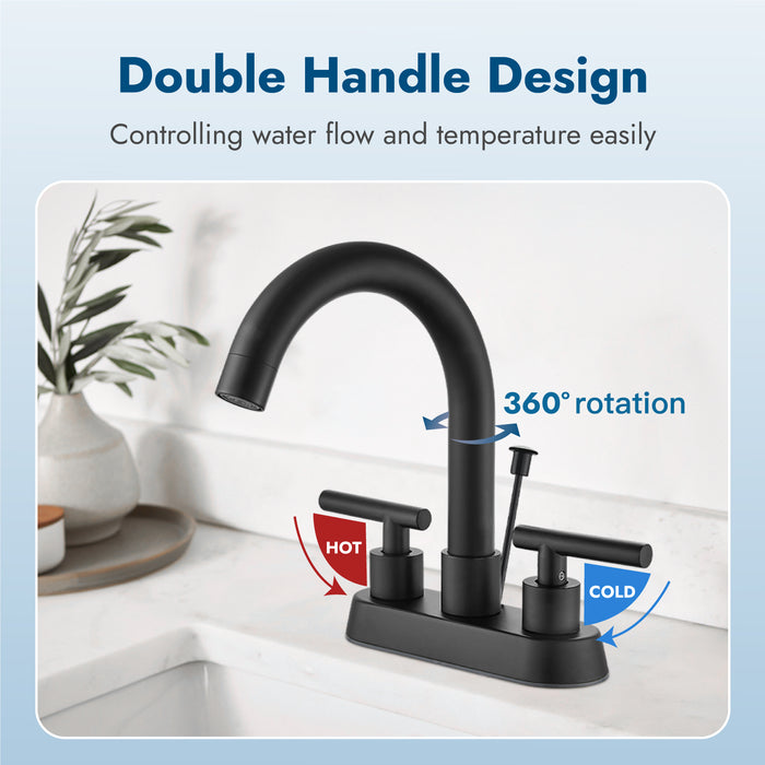 4 Inch Centerset Bathroom Faucets with Lift Rod Drain Stopper Bathroom Sink Faucet 3 Holes Dual Handle Vanity Faucet 360° Swivel Spout Lavatory RV Faucet Mixer Tap