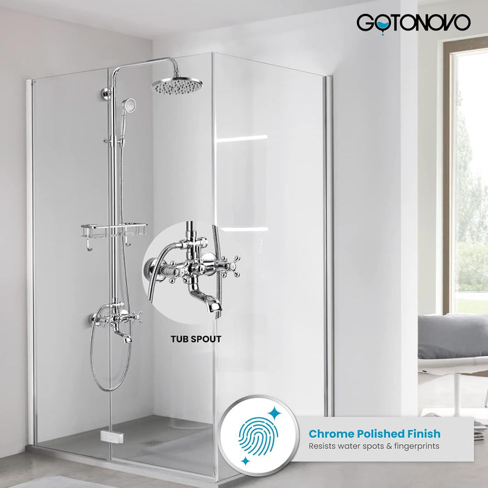 gotonovo Exposed Bathroom Shower Faucet Wall Mounted Shower System Dual Functions 8 inch Wall Mounted with Shower Shelf Double Cross Handles Adjustable Handheld Sprayer