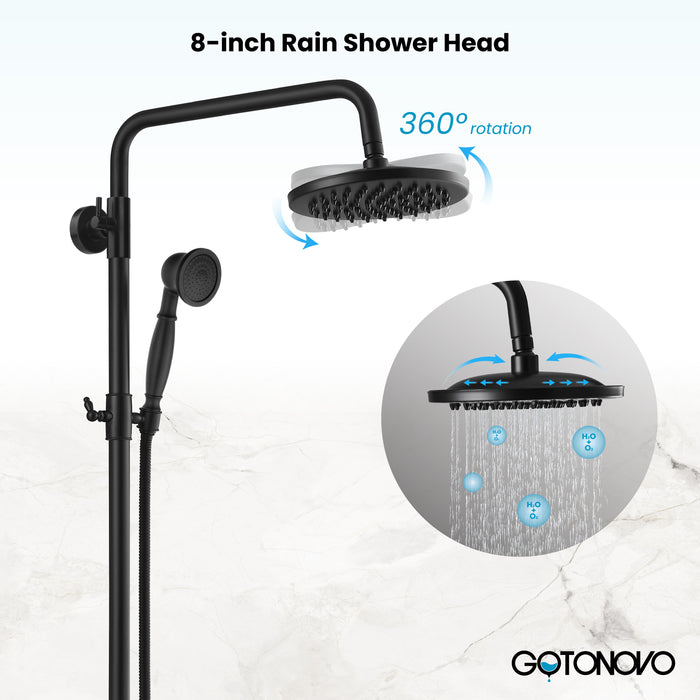 gotonovo Exposed Bathroom Shower Faucet Wall Mounted Shower System Dual Functions 8 inch Wall Mounted with Shower Shelf Double Cross Handles Adjustable Handheld Sprayer