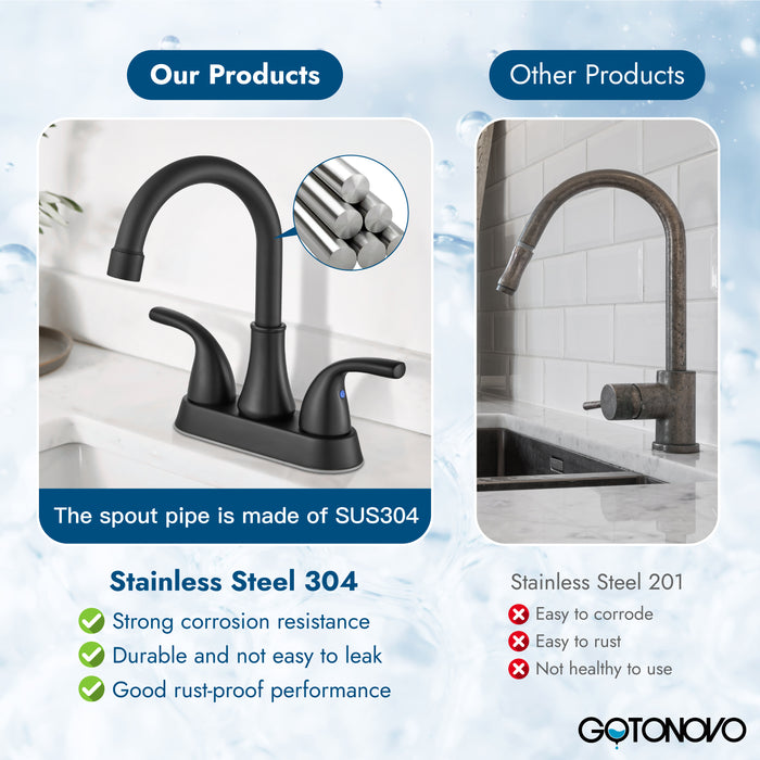 4 Inch Bathroom Sink Faucet 2 Handle Bathroom Faucet 360° Swivel Spout Deck Mounted Vanity Faucet with Water Supply Hoses with Pop up Drain