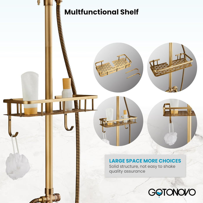 gotonovo Exposed Bathroom Tub Shower Faucet Set Shower System with Shower Shelf 8 inch Rainfall Shower Head with Handheld Sprayer with Tub Spout Wall Mounted Antique Brass Modern Shower Head