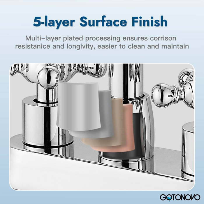 4 Inch centerset Bathroom Faucet Double Cross Handle Vanity Faucet 360° Swivel Spout Deck Mounted Mixer Tap with Pop up Drain Water Supply Hoses