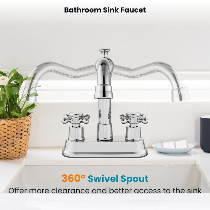 gotonovo 4 Inch Centerset Bathroom Sink Faucet 2 Hole Brass 2 Double Cross Handles Vanity Deck Mounted Mixer Tap Basin Lavatory Faucet Include Water Hose with Pop Up Drain