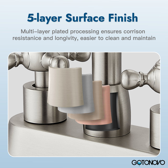 4 Inch centerset Bathroom Faucet Double Cross Handle Vanity Faucet 360° Swivel Spout Deck Mounted Mixer Tap with Pop up Drain Water Supply Hoses