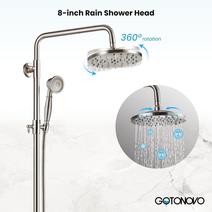 gotonovo Exposed Bathroom Shower Faucet Wall Mounted Shower System Dual Functions 8 inch Wall Mounted with Shower Shelf Double Cross Handles Adjustable Handheld Sprayer