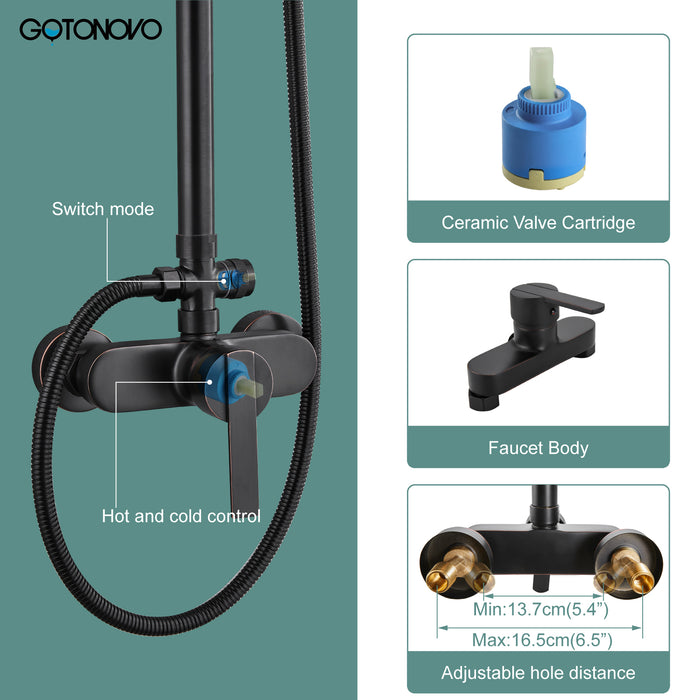 gotonovo Exposed Pipe Shower Kit 8” Rainfall Shower Head System Set One Handle with Hand Held Spray Bathroom Shower Faucet Adjustable Showerhead Bar