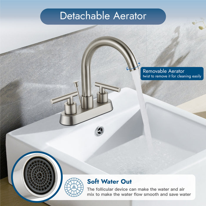 4 Inch Centerset Bathroom Faucets with Lift Rod Drain Stopper Bathroom Sink Faucet 3 Holes Dual Handle Vanity Faucet 360° Swivel Spout Lavatory RV Faucet Mixer Tap