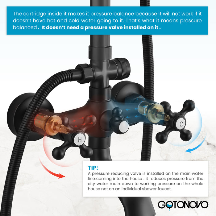 gotonovo Bathroom Classic Exposed Shower Faucet Wall Mount Shower System 8 Inch Luxurious Rainfall Shower Head Set with Tub Spout and Handheld Spray Double Cross Handles