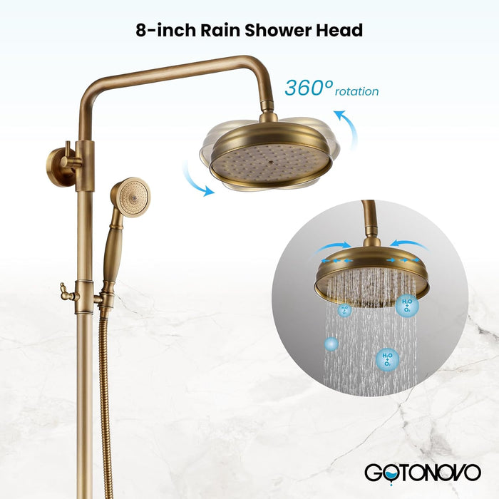gotonovo Exposed Bathroom Tub Shower Faucet Set with Shower Shelf 8 inch Rainfall Shower Head with Handheld Spray with Tub Spout Shower System 3 Function Wall Mounted Double Cross Handle