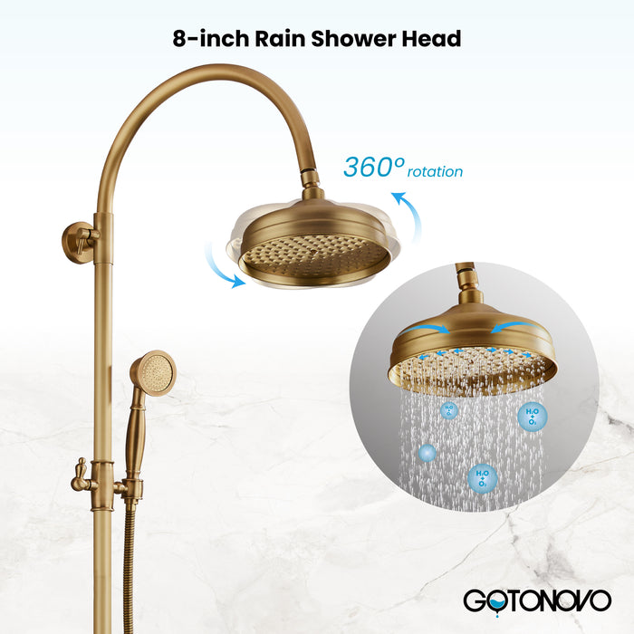 gotonovo Exposed Bathroom Shower System Classic Shower Kit 8 Inch Luxurious Rainfall Shower Head Handheld Spray Tub Filler Brass Pipe 3-Function Wall Mount Double Cross Knobs
