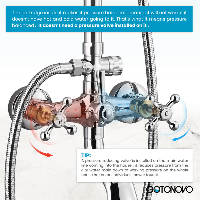 gotonovo Exposed Bathroom Shower System Classic Shower Kit 8 Inch Luxurious Rainfall Shower Head Handheld Spray Tub Filler Brass Pipe 3-Function Wall Mount Double Cross Knobs