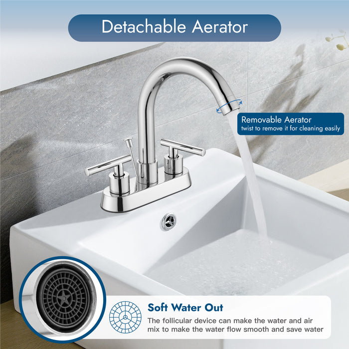 4 Inch Centerset Bathroom Faucets with Lift Rod Drain Stopper Bathroom Sink Faucet 3 Holes Dual Handle Vanity Faucet 360° Swivel Spout Lavatory RV Faucet Mixer Tap