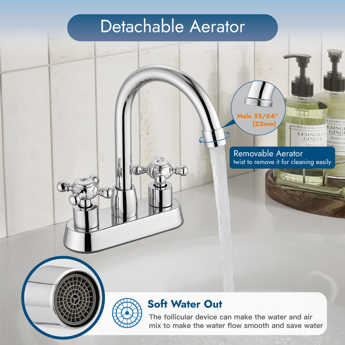 4 Inch centerset Bathroom Faucet Double Cross Handle Vanity Faucet 360° Swivel Spout Deck Mounted Mixer Tap with Pop up Drain Water Supply Hoses