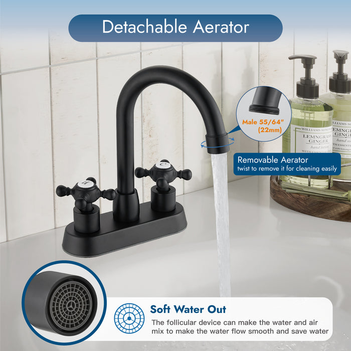 4 Inch centerset Bathroom Faucet Double Cross Handle Vanity Faucet 360° Swivel Spout Deck Mounted Mixer Tap with Pop up Drain Water Supply Hoses