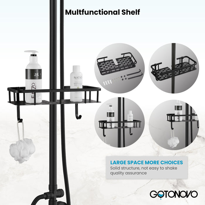 gotonovo Exposed Bathroom Shower Faucet Wall Mounted Shower System Dual Functions 8 inch Wall Mounted with Shower Shelf Double Cross Handles Adjustable Handheld Sprayer